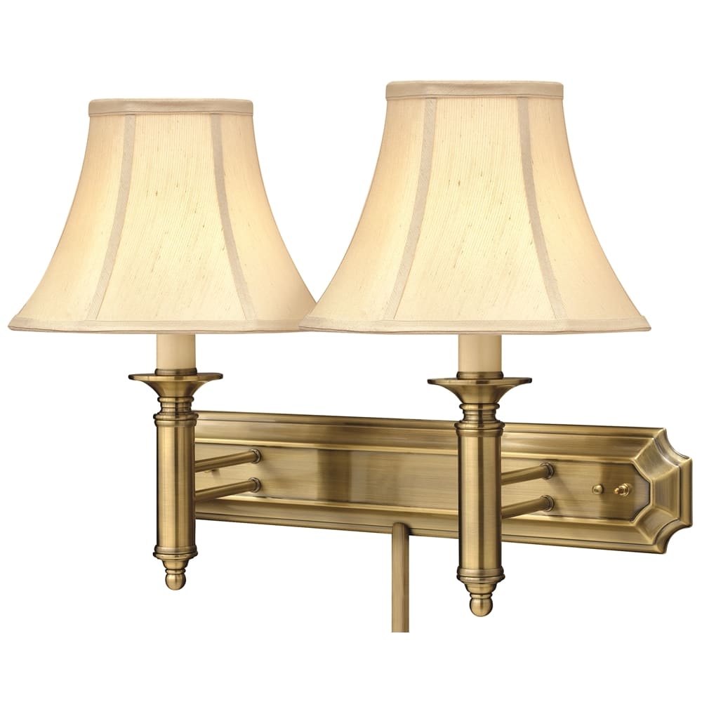 Double Wall Lamp, Hardwired, 19"H x 12" Ext, Satin Antique Brass, Hardwired, Silk Shade